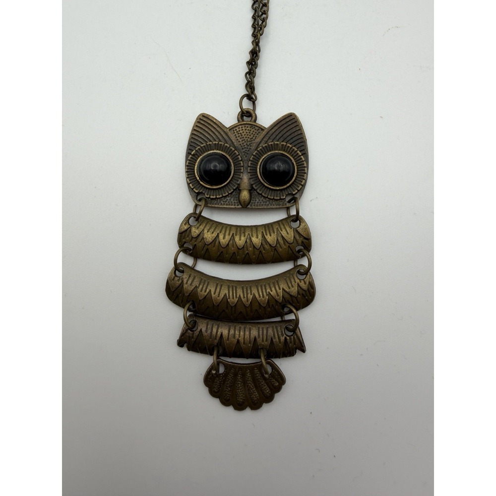 Y2K Style Owl Necklace Articulated Pendant Antique Gold Tone Boho Statement